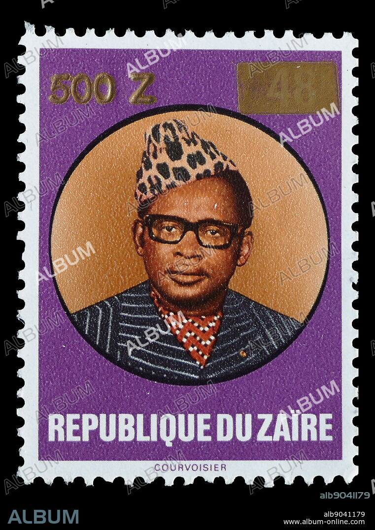Postage stamp depicting Mobutu Sese Seko, (born Joseph-Désiré Mobutu; 1930 - 1997). Military dictator and President of the Democratic Republic of the Congo (which Mobutu renamed Zaire in 1971) from 1965 to 1997.
