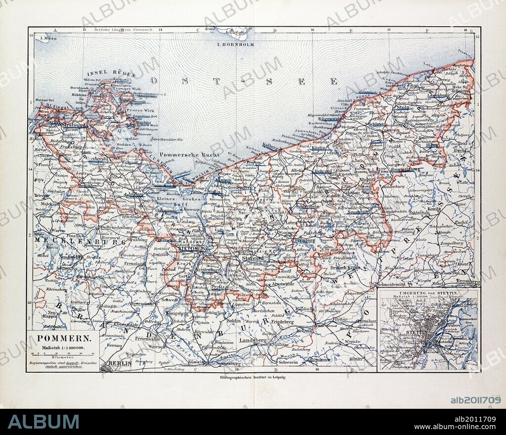 MAP OF POMMERN, MECKLENBURG-VORPOMMERN (GERMANY) AND NORTH WEST POLAND, 1899.