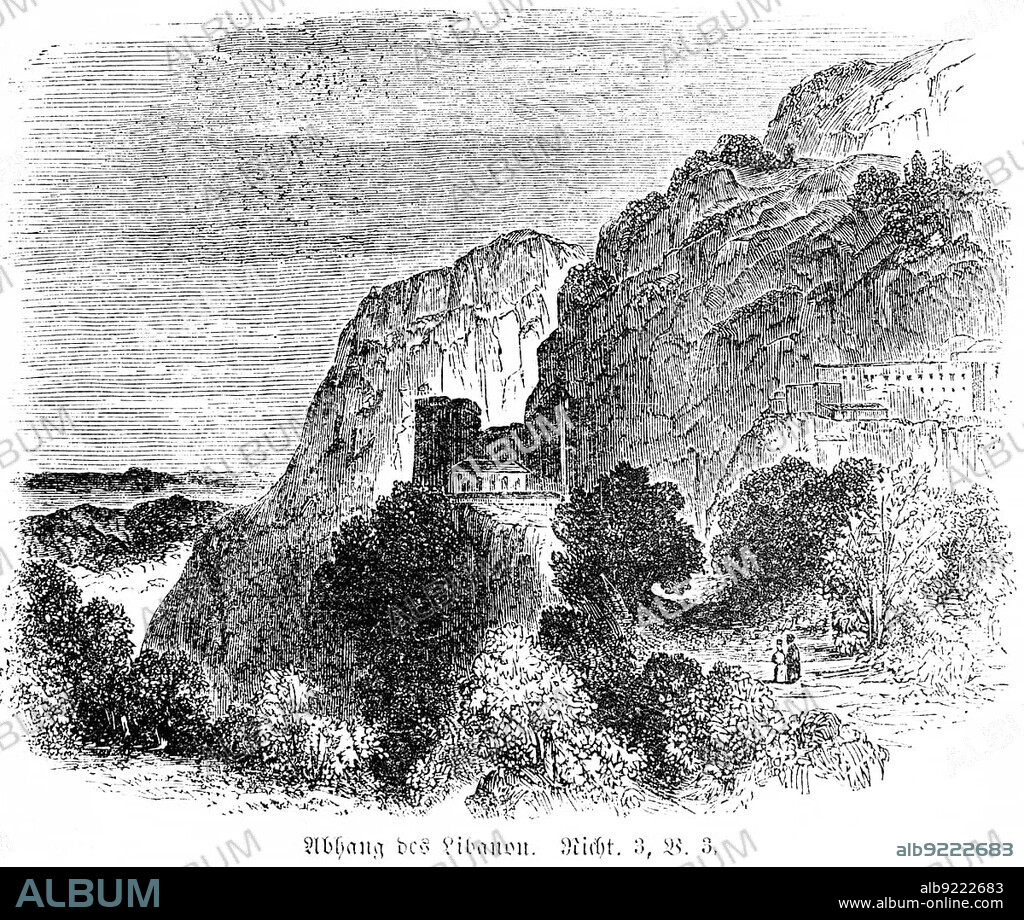 Slope of Lebanon, mountains, steep face, building, princes of the Philistines, Canaanites, Zidonians, Hevites, Hemath, meeting, Bible, Old Testament, Book of Judges, chapter 3, verse 3, historical illustration around 1850, Middle East.