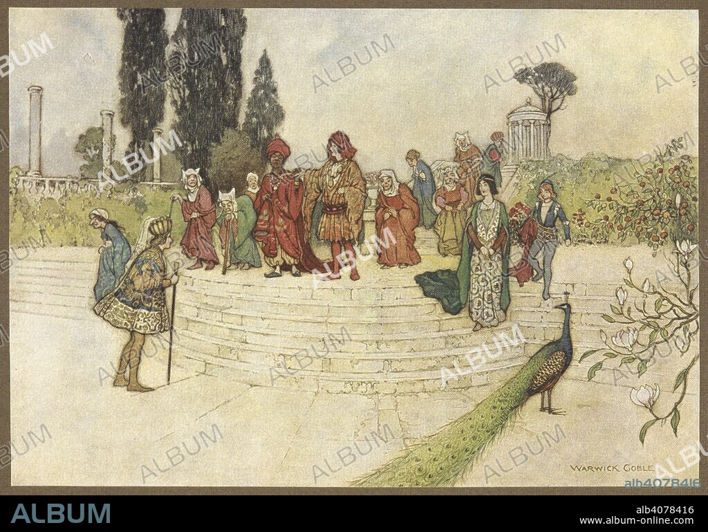 GIOVANNI BATTISTA BASILE y WARWICK GOBLE. he Prince and Zoza, with the Story-Tellers, from How The Stories Came To Be Told. Stories from the Pentamerone ... Selected and edited by E. F. Strange. Illustrated by Warwick Goble. (Translation by John Edward Taylor. Edition de luxe.). London : Macmillan & Co., 1911. Source: LR.26.d.10 frontispiece.