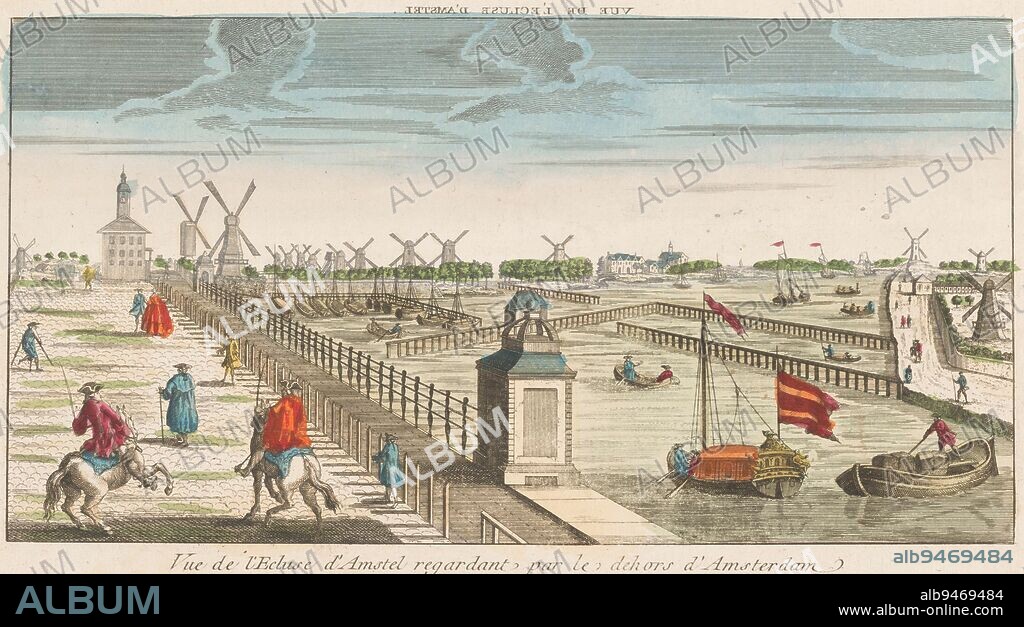 View of the Hogesluis to the Buiten-Amstel, the Amsteldijk and the mills on the Zaagmolensloot in Amsterdam, Basset, 1700 - 1799, On the left the Westerblokhuis stronghold with mill De Groen and the Utrechtsepoort. On the right the Weesperzijde., publisher: Basset, (mentioned on object), print maker: anonymous, publisher: Paris, print maker: France, 1700 - 1799, paper, etching, brush, h 249 mm × w 430 mm.