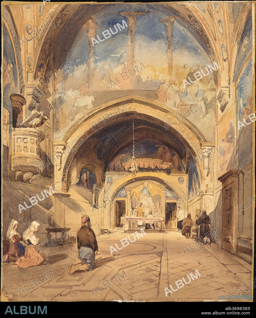 WILLIAM JAMES MüLLER. Interior of the Church of San Benedetto, Subiaco. Dated: 1837. Dimensions: sheet: 25 x 21 cm (9 13/16 x 8 1/4 in.). Medium: brown wash and watercolor over graphite, with scratching out on wove paper.