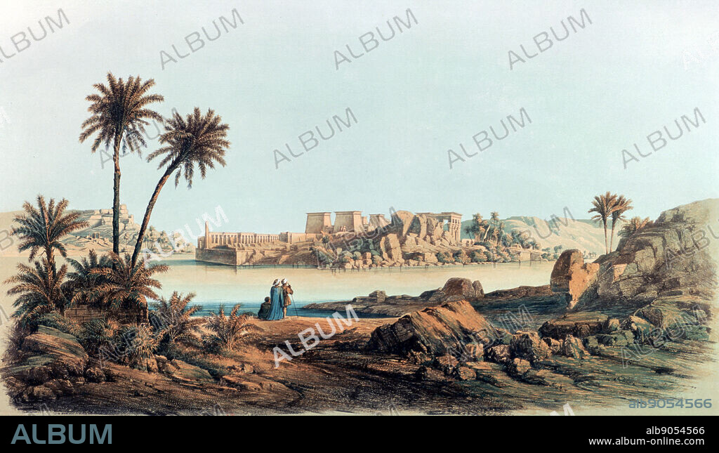 View of Philae'. Lithograph after Karl Richard Lepsius (1810-1884) Prussian Egyptologist. View across the Nile to the temples on the island of Philae. Archaeology Religion Mythology Ancient Egyptian.