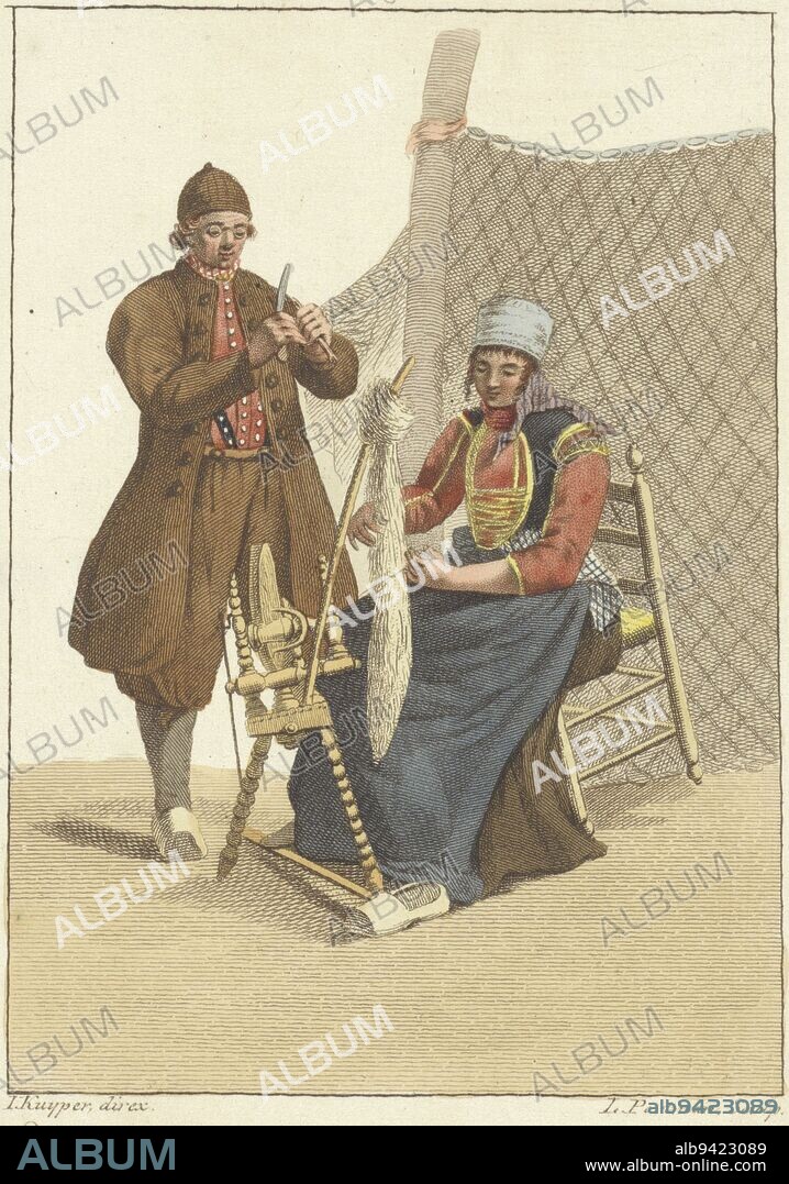 Netsetter, Ludwig Gottlieb Portman, 1806 - 1812, A fisherwoman in costume sits behind the spinning wheel. The man next to her tells her to hurry up because his net is full of tears., print maker: Ludwig Gottlieb Portman, (mentioned on object), Jacques Kuyper, (mentioned on object), publisher: Evert Maaskamp, (mentioned on object), Amsterdam, 1806 - 1812, paper, etching, h 128 mm × w 91 mm.