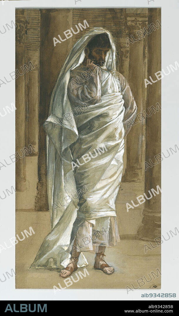 Saint Thomas, The Life of Our Lord Jesus Christ, La Vie de Notre-Seigneur Jésus-Christ, James Tissot, French, 1836-1902, Opaque watercolor over graphite on gray wove paper, France, 1886-1894, Image: 12 13/16 x 6 5/16 in., 32.5 x 16 cm, apostle, bible, Chrisianity, column, disciple, doubter, doubting Thomas, draped robe, drapery, European, french, french watercolor, Gospel Harmony, graphite, James Tissot, Life of Christ, new testament, painting, pensive, religion, saint, Saint Thomas, saints, shroud, Thomas, Tissot, watercolor, wove paper.