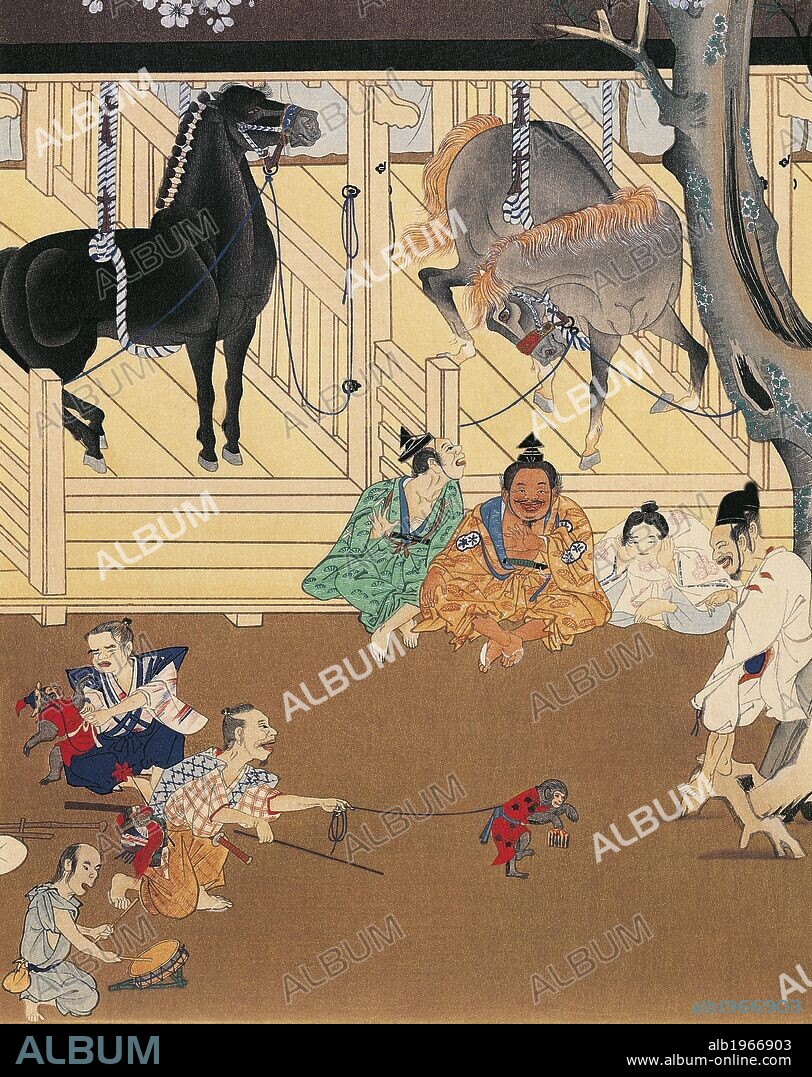 Umaya-zu, horses in stables, decorative screen, Japan. Japanese Civilisation, Muromachi period, 16th century.