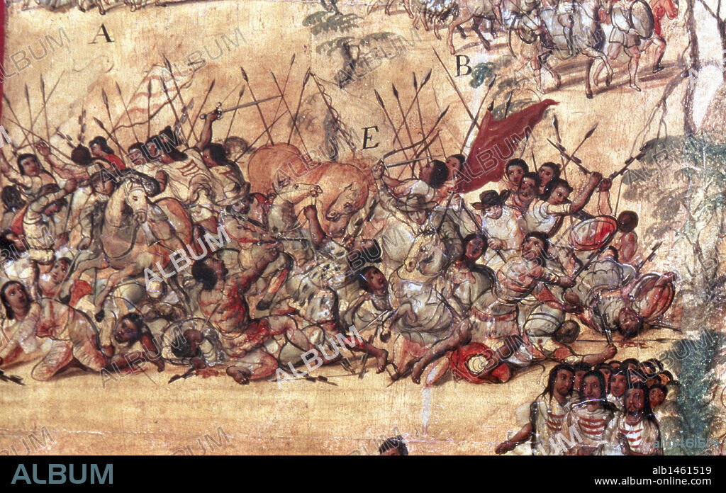 MIGUEL GONZÁLEZ. CONQUISTA DE MEXICO (SIGLO XVI). "BATALLA DE CHOLULA" (1519). Combate entre los españoles y sus aliados contra los habitantes de Cholula por Hernán Cortés. Detalle del cuadro enconchado, obra de Miguel GONZALEZ, 1698. Museo de América. Madrid. España.