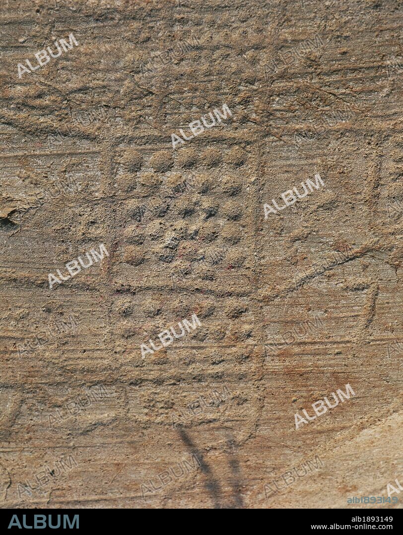 Italy - Lombardy Region - Rock drawings in Valcamonica (UNESCO World Heritage List, 1979). Capo di Ponte, Brescia province. Seradina-Bedolina Archaeological Park. Prehistoric Camunian rock engraving. Rock 1, topographic composition known as "Map of Bedolina".