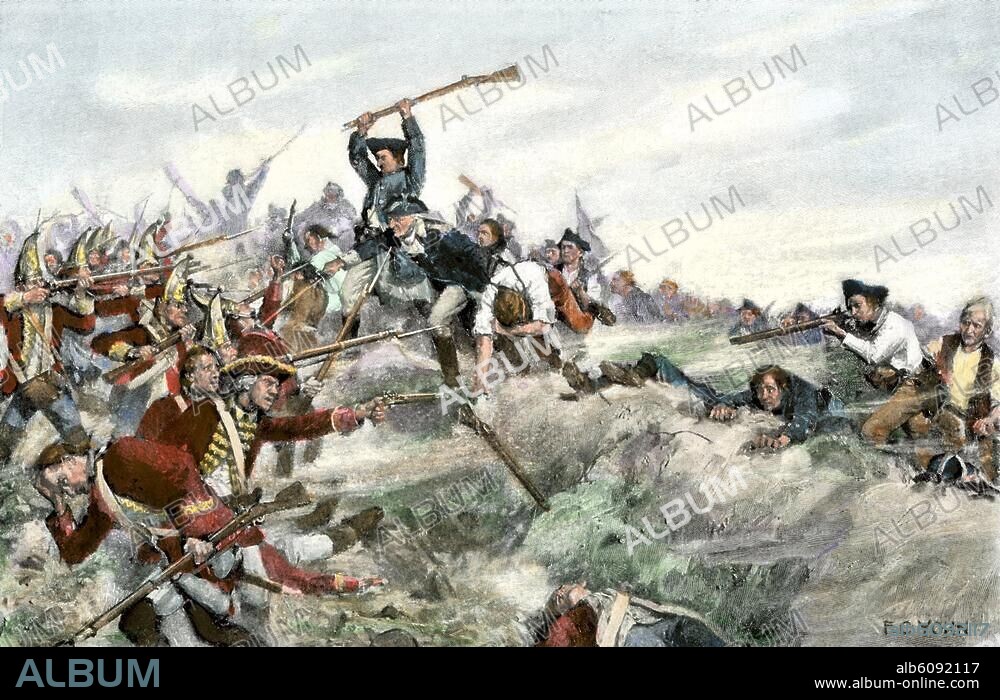John Stark leading a charge of New Hampshire militia at the Battle of Bennington, Vermont, 1777. Handcolored woodcut of a 19thcentury F.C. Yohn illustration.