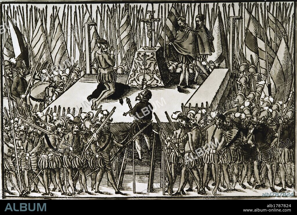 GUERRAS DE RELIGION. FRANCIA. SIGLO XVI. "EJECUCION DE LOS CONDES DE EGMONT Y DE HORNES", héroes de la resistencia belga frente al ejército español, por orden del duque de Alba en 1568. Grabado del siglo XVI.