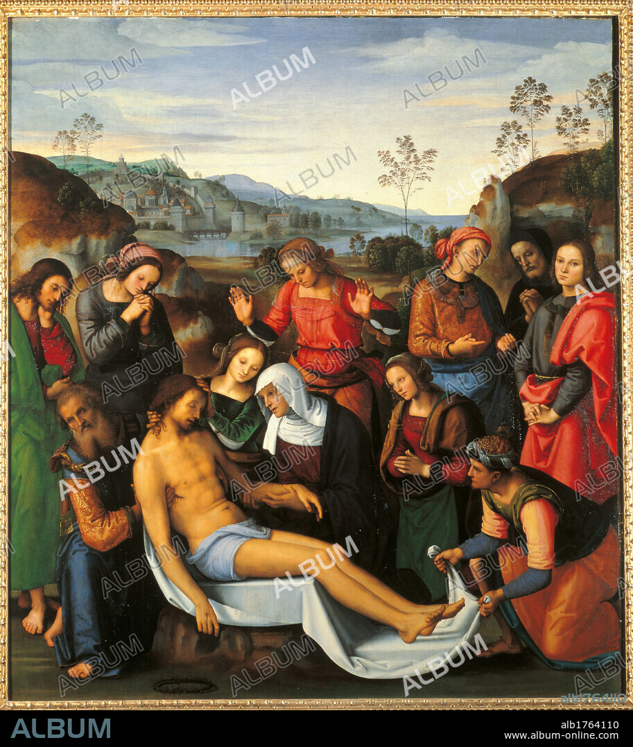 Piet, by Pietro Vannucci known as Perugino, 1495 about, 15th Century, panel, cm 195 x 220. Italy, Tuscany, Florence, Palazzo Pitti, Palatine Gallery. All. Dead Jesus Christ wept over by the pious women. Onlookers bystanders dressed in contemporary clothes, 15C. Lake and hilly landscape in the background. Authorization required for non editorial use.