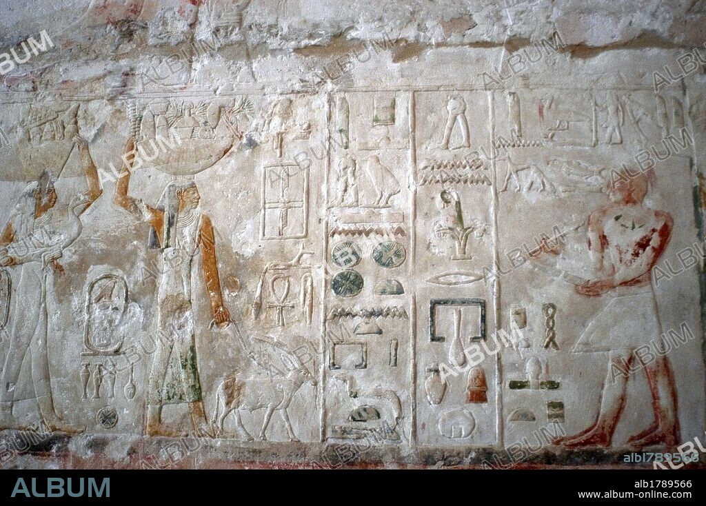 Mastaba of Ptahhotep and Akhethotep. 5th Dynasty. Old Kingdom. Egyptian viziers. Father and son. Relief depicting the transport of offerings to the Hereafter. Saqqara. Egypt.