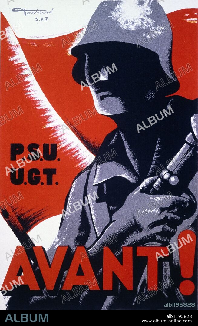 Cartel "Avant!". Obra de Carlos Fontseré. Editado en Barcelona por P.S.U.-U.G.T. Secretariado de Agitación y Propaganda. Año 1936. Zona Republicana. Guerra civil 1936-1939.