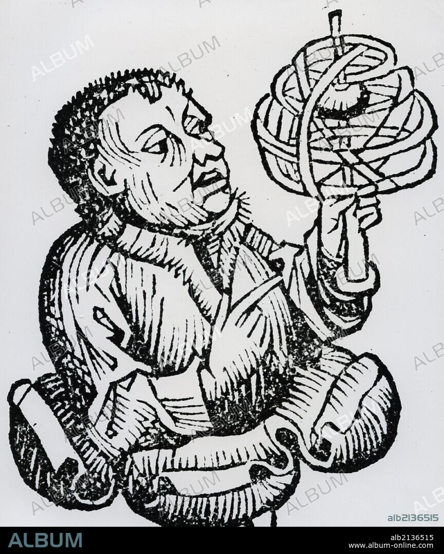 Medieval astronomer with an armillary sphere. Woodcut, 1493. (Photo by: Universal History Archive/UIG via Getty Images).