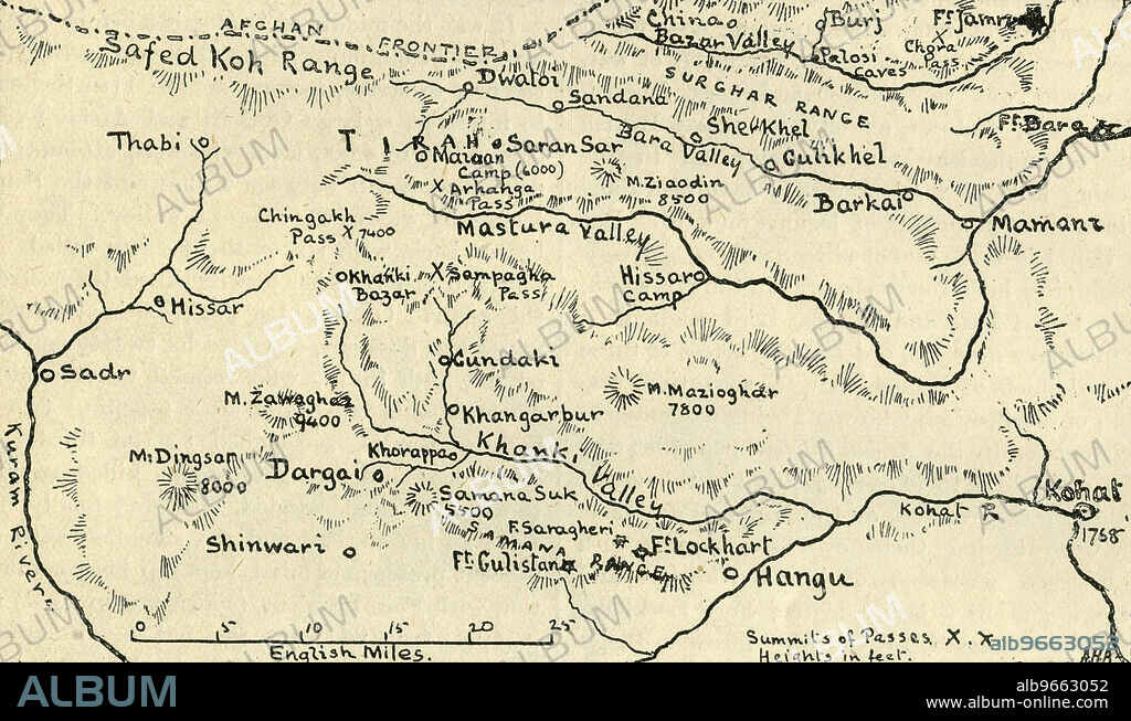 'Map of the Tirah Campaign', c1900. The Tirah expedition was an Indian frontier campaign from September 1897 to April 1898. Tirah is a mountainous tract of country in what was formally known as Federally Administered Tribal Areas of Pakistan, now Khyber Pakhtunkhwa province. Map showing towns and cities, rivers, forts, mountains and mountain passes, including the Afghan frontier, Surghar Range, Kuram River, Bazar Valley, Bara and Mastura Valleys. From "Cassell's History of England, Vol. IX". [Cassell and Company, Limited, London, Paris, New York & Melbourne].