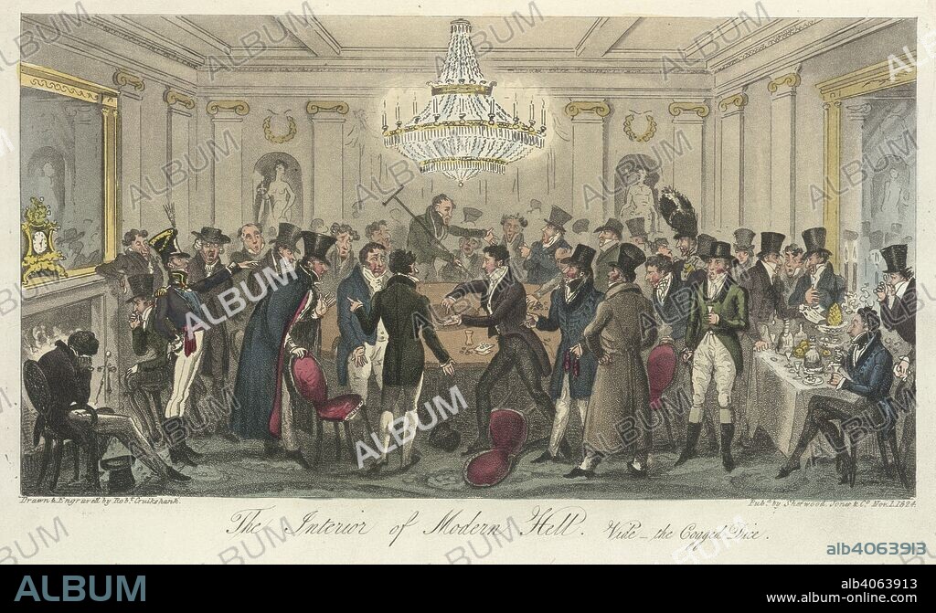 Gambling. The English Spy: an original work, characteristic,. Sherwood, Jones & Co.: London, 1825, 26. The Interior of Modern Hell. Vide the Cogged Dice'.  Image taken from The English Spy: an original work, characteristic, satirical, and humorous. Comprising scenes and sketches in every rank of society, being portraits of the illustrious, eminent, eccentric, and notorious. Drawn from the life by Bernard Blackmantle [pseudonym of Charles Molloy Westmacott]. The illustrations designed by Robert Cruikshank.   Originally published/produced in Sherwood, Jones & Co.: London, 1825, 26. . Source: C.58.g.15 volume I, opposite 376. Language: English.