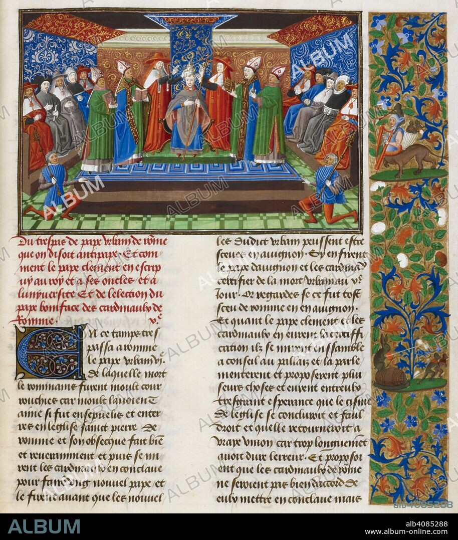 JEAN FROISSART. Coronation of pope Boniface IX. Chroniques, Vol. IV, part 1 (the 'Harley Froissart'). (Froissart's Chronicles). Netherlands, S. (Bruges), between c. 1470 and 1472. Source: Harley 4379 f.34. Language: French.