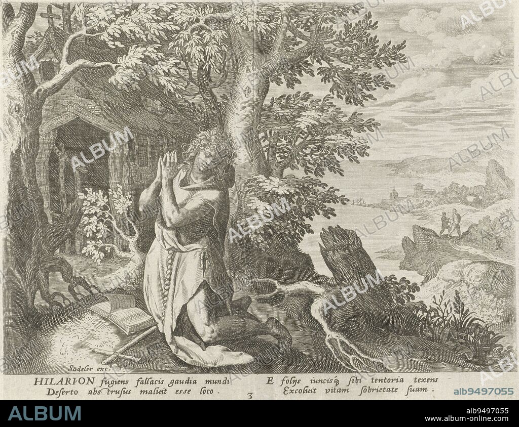Saint Hilarion the Great as a young hermit, praying in front of his hut in the wilderness with a Bible and a rosary., Hilarion the Great as a hermit Male hermits (series title) Solitudo Sive Vitae Patrum Eremicolarum (series title), print maker: Johann Sadeler (I), print maker: Raphaël Sadeler (I), intermediary draughtsman: Maerten de Vos, Antwerp, (possibly), 1583 - 1588, paper, engraving, h 170 mm × w 209 mm.