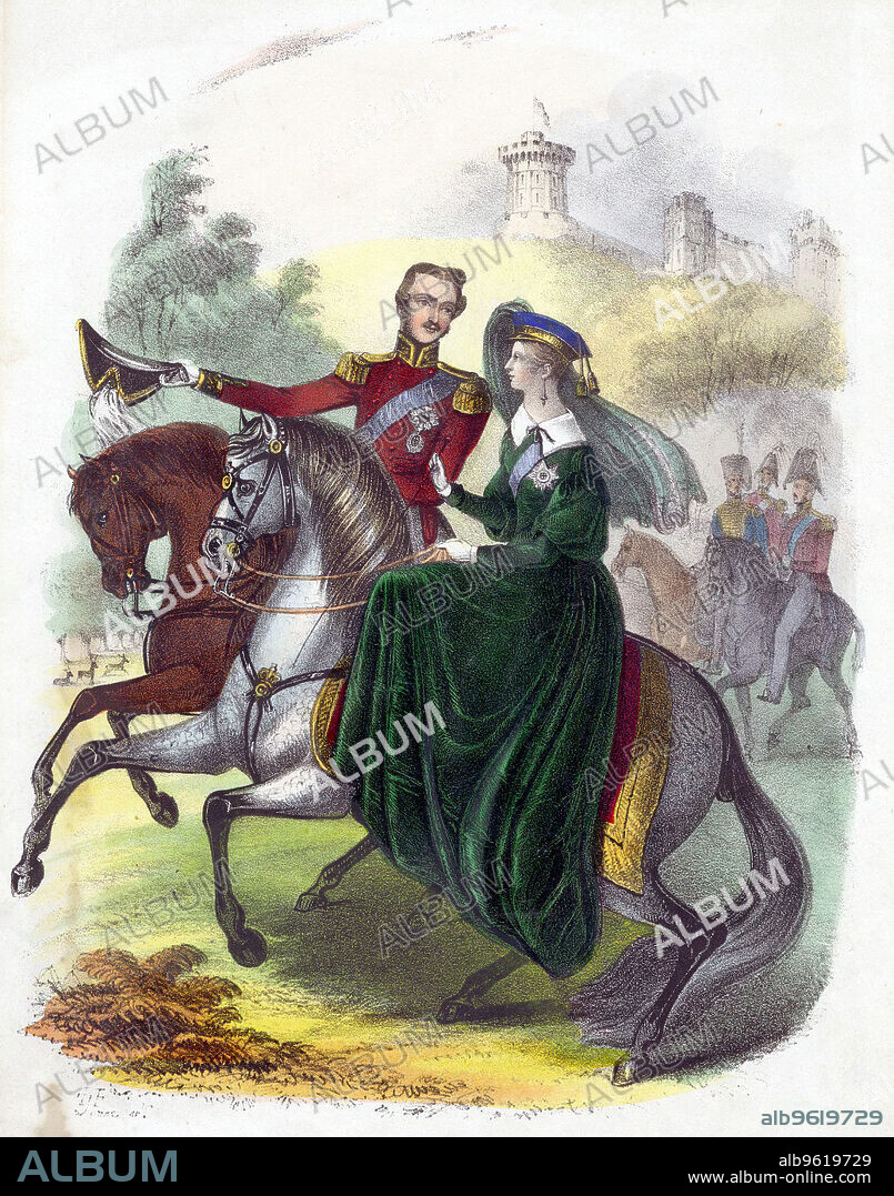 Queen Victoria and Prince Albert. Victoria (1819-1901) and Albert (1819-1861) riding in Windsor Park when young. Prince Albert of Saxe-Coburg-Gotha married his first cousin, Queen Victoria, in 1840. In 1857 he was given the title Prince Consort and became the Queen's private advisor. He was interested in the arts, science and industry and planned the Great Exhibition of 1851. His death in 1861, from typhoid fever, was a crushing blow to Queen Victoria, who wore mourning dress for the remaining 40 years of her life.