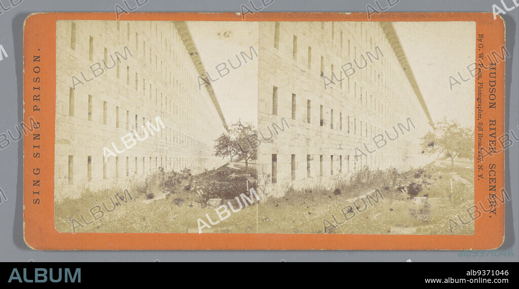 View of Sing Sing Correctional Facility, East View of Prison (title on object), Sing Sing prison (series title on object), Hudson River scenery (series title on object), G.W. Pach (mentioned on object), Ossining, 1871 - 1877, cardboard, paper, albumen print, height 87 mm × width 176 mm.