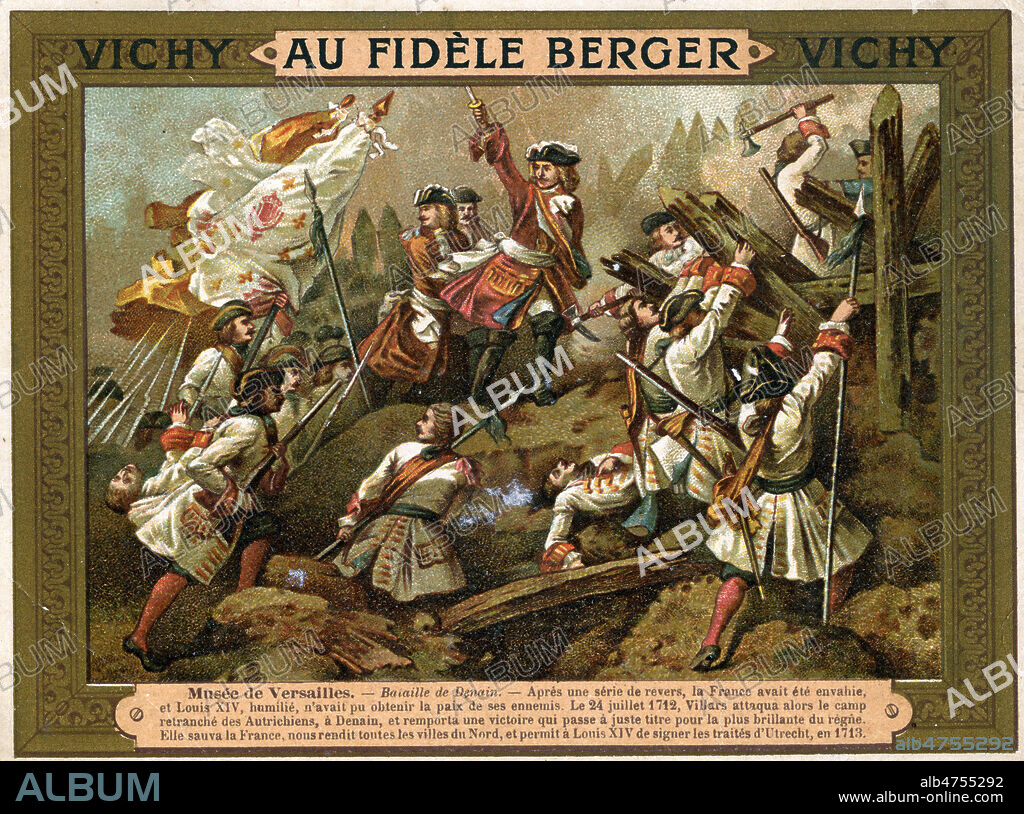 Bataille de Denain, remportee le 24 juillet 1712 sur l'Autriche (Guerre de Sucession d'Espagne). Assaut mene par VILLARS (1653-1734) Chromo publicitaire vers 1890. Illustration anonyme. Credit : Collection KHARBINE-TAPABOR.