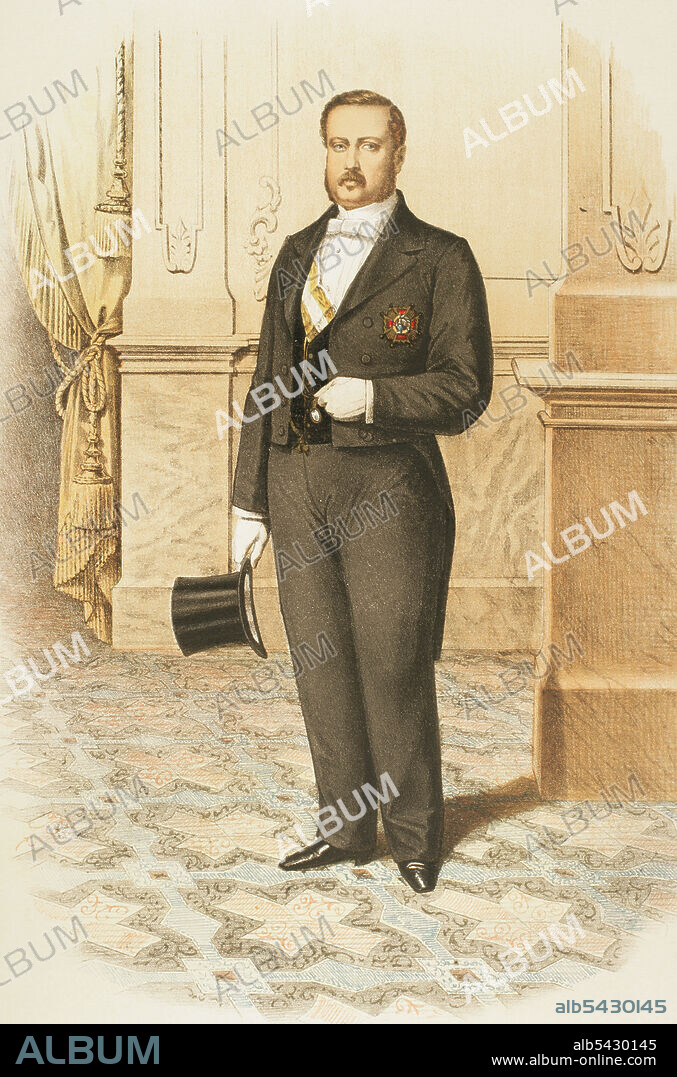 Knight with the insignia of the Grand Cross of the Royal Order of Isabella the Catholic, a distinction created in 1815, during the reign of King Ferdinand VII, in honor of Queen Isabella I. Chromolithography. "Historia de las Ordenes de Caballería y de las Condecoraciones Españolas" (History of the Orders of Chivalry and the Spanish Decorations). Madrid, 1865.