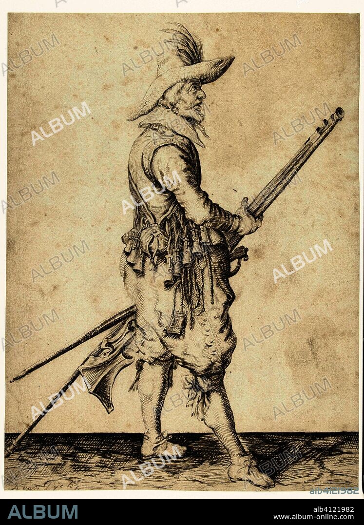 Soldier holding his musket with both hands at his left thigh. Artist: Jacob de Gheyn (II). Draughtsman: anonymous. Dating: 1607 - 1699. Measurements: h 270 mm × w 200 mm.