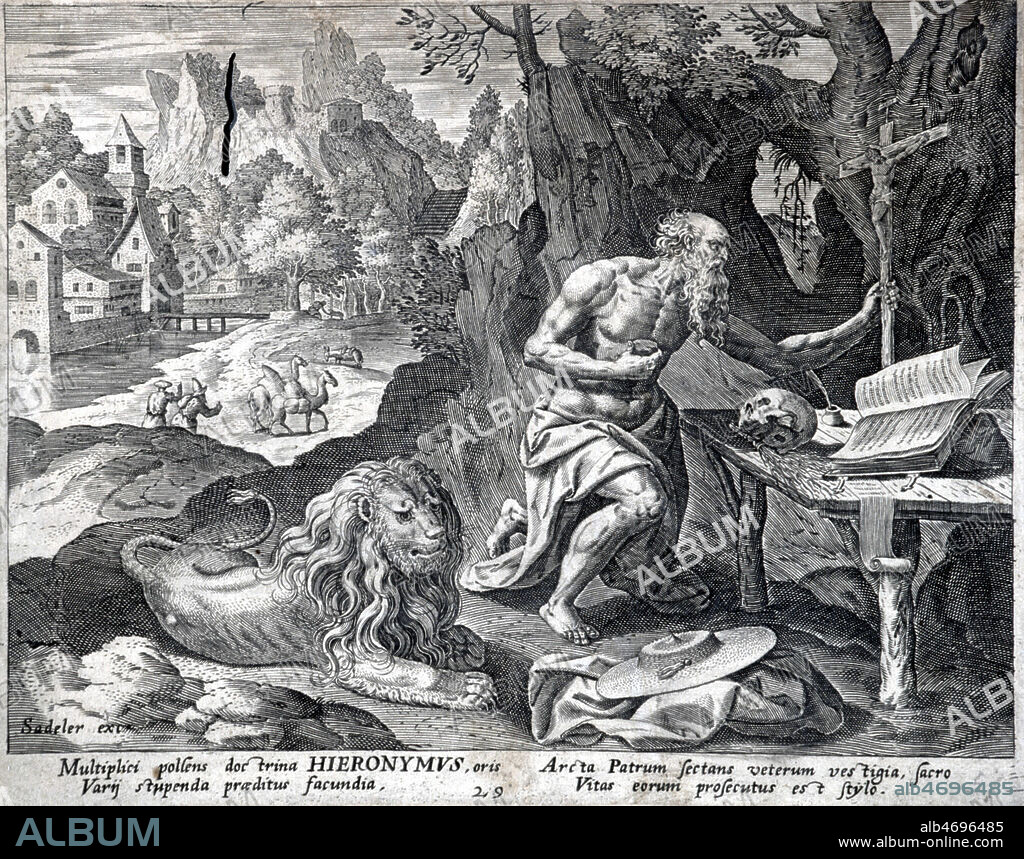Saint JEROME (c. 347-420) auteur de la traduction latine de la Bible que l'on appelle la Vulgate. Gravure de Jean et Raphael SADELER et illustration de Martin de VOS du XVIeme siecle. MENTION OBLIGATOIRE: BMIU-Clermont-Ferrand / photo Grob - Kharbine-Tapabor.