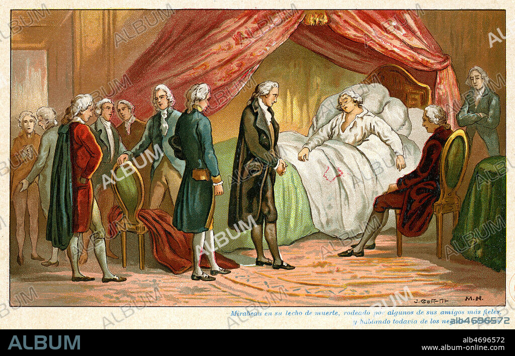 Mort de MIRABEAU (1749-1791) plus fideles entoure de ses amis et leur parlant encore des Affaires publiques. Illustration vers 1890 par COLL-TIT pour une série de chromolithographies espagnoles sur la Revolution Francaise. Credit : Collection Jonas/Kharbine-Tapabor.