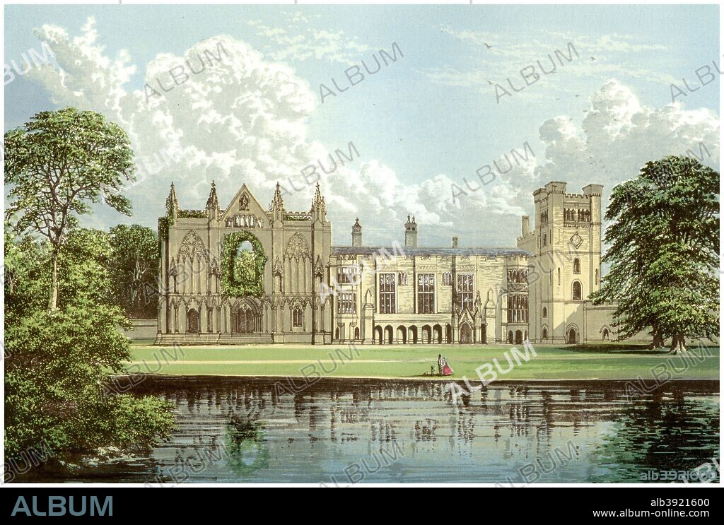 Newstead Abbey, Nottinghamshire, home of the Webb family, c1880. A former Augustinian priory closed by the Dissolution of the Monasteries, Newstead Abbey was the ancestral home of Lord Byron. Byron sold the house in 1817 and it was bought by William Frederick Webb in 1861. A print from A Series of Picturesque Views of Seats of the Noblemen and Gentlemen of Great Britain and Ireland, edited by Reverend FO Morris, Volume I, William Mackenzie, London, c1880. Wood-engraved plates after paintings by Benjamin Fawcett and Alexander Francis Lydon.