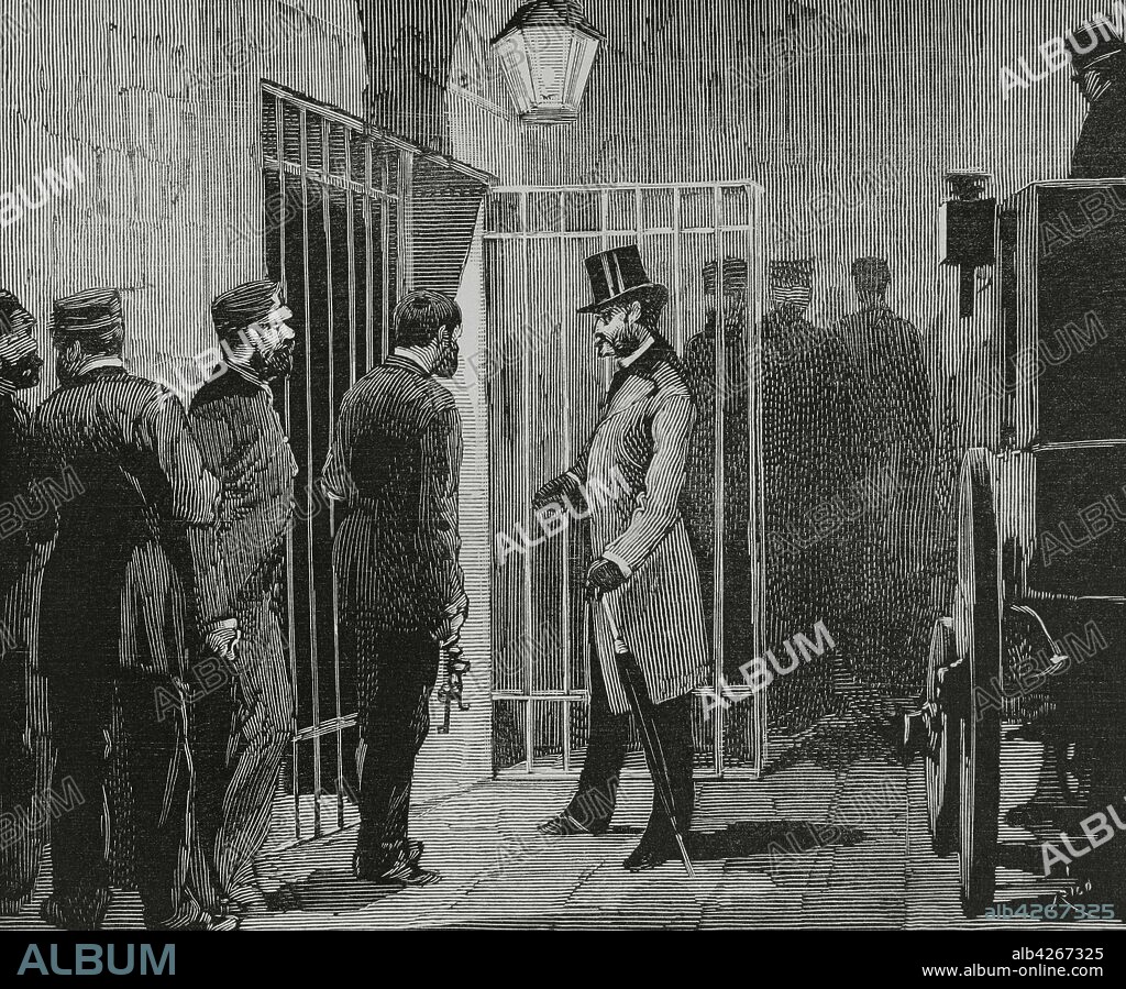 Charles Stewart Parnell (1846-1891). Irish nationalist politician, leader of the Irish Parliamentary Party (1882-1891) and Home Rule League (1880-1882). Parnell's own newspaper, the "United Ireland", attacked the Land Act and he was arrested on 13 October 1881, being imprisoned in Kilmainham gaol (Dublin). Gladstone's 1881 Land Act ignored certain other problems, including the plight of tenants who were in arrears with their rent, meaning they owed back rent. The leaders issued a 'no rent manifesto' from prison, encouraging tenants to continue avoiding the payment of rent to landlords until the prisoners were released. Arrival of Parnell in Kilmainham prison (Dublin). Engraving by Bernardo Rico (1825-1894). La Ilustracion Espa–ola y Americana, 1881.