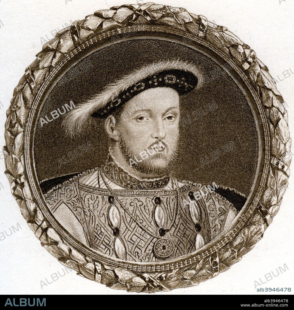 'Henry VIII', (1902). Portrait from a miniature of King Henry VIII (1491-1547) who ruled 1509-1547. Illustration from Henry VIII, by A F Pollard, published by Goupil and Co, (London, New York, Paris, Edinburgh, 1902).
