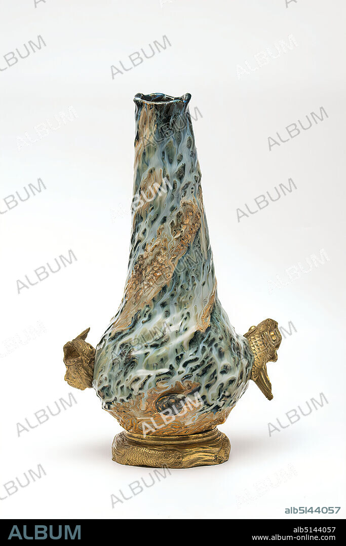 Hans Stoltenberg-Lerche, Louchet, Paul, Foundry, High vase with fishes, porcelain, brass, Total: Height: 35,50 cm; Diameter: 23,00 cm, Sign. on the bottom of a fish: H.ST.Lerche; Stamp under the brass foot: LOUCHET (twice); On the bottom dated 1897 and several abbreviations (illegible), ornamental objects, fishes (animals), art nouveau.