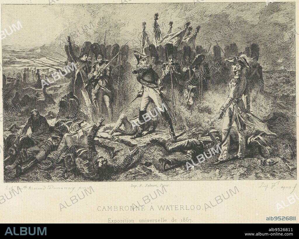 General Cambronne during the Battle of Waterloo, 1815, Léopold Flameng, after Edouard Armand-Dumaresq, 1867 - 1869, The French general Pierre Cambronne captured during the Battle of Waterloo, June 18, 1815. The general faces British troops alone., print maker: Léopold Flameng, (mentioned on object), after: Edouard Armand-Dumaresq, (mentioned on object), printer: Alfred Salmon, (mentioned on object), print maker: Belgium, printer: Paris, 1867 - 1869, paper, etching, h 182 mm - w 278 mm.