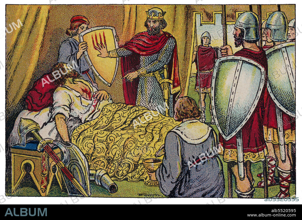 ALBERT MESTRE MORAGAS. Historia de Catalunya. Leyenda del escudo de Catalunya. Carlos II el Calvo (823-877), rey de los francos, dibujando las cuatro barras en el escudo de Catalunya con la sangre que manaba de las heridas sufridas por Wifredo el Velloso (840-897) en una batalla contra los normandos. Cromo de Xacolata Juncosa. Año 1932.