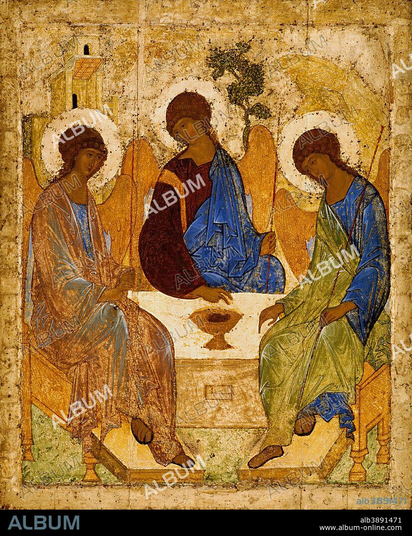ANDREI RUBLEV. Holy Trinity (Troitsa). Date/Period: From 1425 until 1427. Painting / icon. Tempera on wood. Height: 141.5 cm (55.7 in); Width: 114 cm (44.8 in).