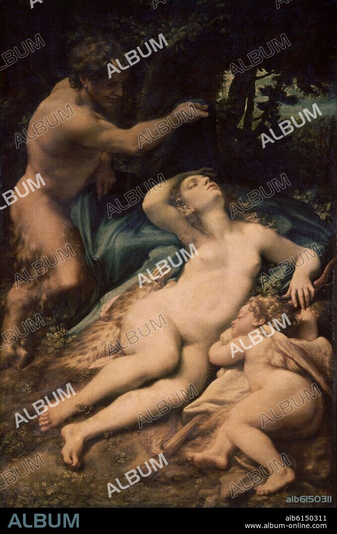 ANTONIO ALLEGRI DA CORREGGIO (1493-1534). 'Venus y Amor descubiertos por un sátiro', hacia 1524-1525, Óleo sobre lienzo, 188 x 125 cm.