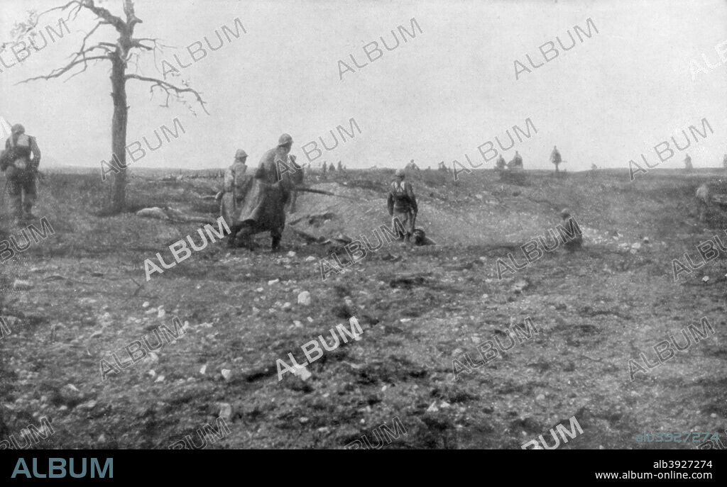 Second Battle of Champagne, France, World War I, September 1915. French troops advancing through the German lines. Begun on the 25th of September 1915, the Second Battle of Champagne was an offensive launched by the French. Although the attack initially broke through and gained two miles of ground, the deployment of reinforcements enabled the Germans to halt the advance. By 6 November a German counter attack had recaptured all the lost ground. The battle had cost the French 145,000 casualties.
