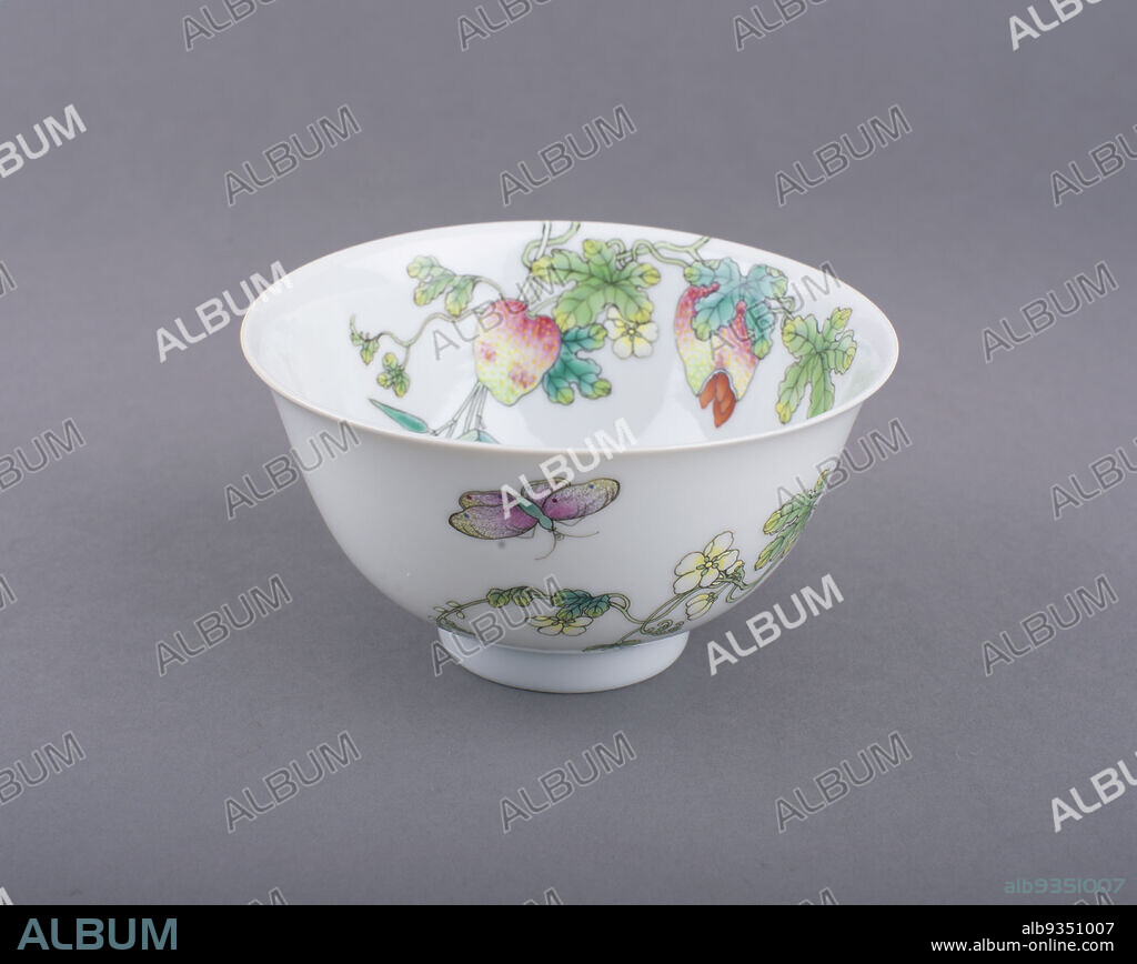 Bowl with Design of Bitter Melon Vine, Bamboo, and Butterflies, Chinese, Qing dynasty, 16441911, Jiaqing period, 17961820, late 18thearly 19th century, Jingdezhen ware; porcelain with overglaze polychrome (famille rose) enamel decoration, Made in Jingdezhen, Jiangxi province, China, Asia, Ceramics, containers, 2 3/8 x 4 3/8 in. (6 x 11.1 cm).