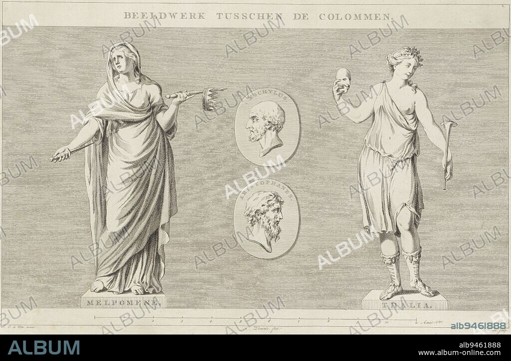 The muse of tragedy Melpomene with dagger, sceptre and crown and the muse of comedy Thalia with mask and trumpet. Between them two medallions depicting the tragedy poet Aeschylus and the comedy poet Aristophanes, Images from the Theatre of Amsterdam Sculpture between the columns , print maker: Reinier Vinkeles (I), (mentioned on object), Jacob Eduard de Witte, (mentioned on object), Amsterdam, 1774, paper, etching, engraving, h 330 mm × w 510 mm.