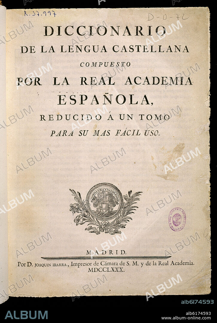 PORTADA DEL DICCIONARIO DE LA LENGUA CASTELLANA- IMPRESO POR JUAN DE IBARRA- 1780.