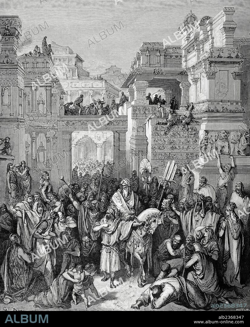 ANTIGUO TESTAMENTO. "TRIUNFO DE MARDOQUEO". Dibujo de Gustavo Doré y grabado por Hotelin. Siglo XIX. Libro de Ester.