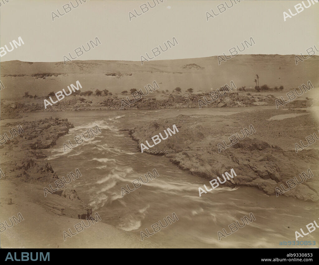 Vue de la Rapide de la Premiere Cataracte, Antonio Beato, Italian and British, ca. 1825-ca.1903, Albumen silver photograph, Africa, 19th century, image/sheet: 7 15/16 x 10 3/16 in., 20.1 x 25.8 cm, 19th Century, Albumen Silver Photograph, Antonio Beato, Black and White, Cataract, Egypt, Landscape, Nile, Rapids.