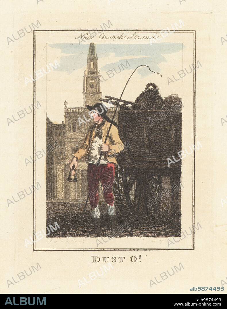 Dustman with dust cart in front of New Church Strand. In hat, jacket, waistcoat, breeches and boots, holding a bell and whip. Wagon loaded with broken ladder, basket, and other rubbish. In front of St Mary le Strand Church. Handcoloured copperplate engraving by Edward Edwards after an illustration by William Marshall Craig from Description of the Plates Representing the Itinerant Traders of London, Richard Phillips, No. 71 St Pauls Churchyard, London, 1805.