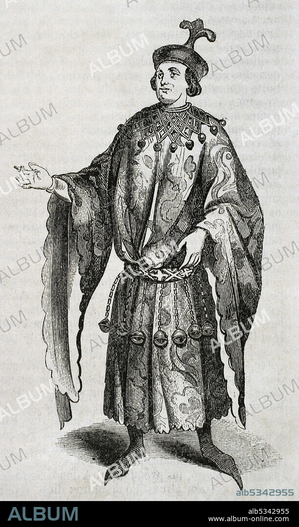 Mosén Borra, real name Antoni Tallander (born in Barcelona in 1358). Jester, knight and diplomat at the court of King Martin I of Aragon "the Humane", Ferdinand I of Antequera and Alfonso V of Aragon "the Magnanimous". Engraving after a statue of his tomb in the Cathedral of Barcelona. Historia General de España by Father Mariana, 1852.