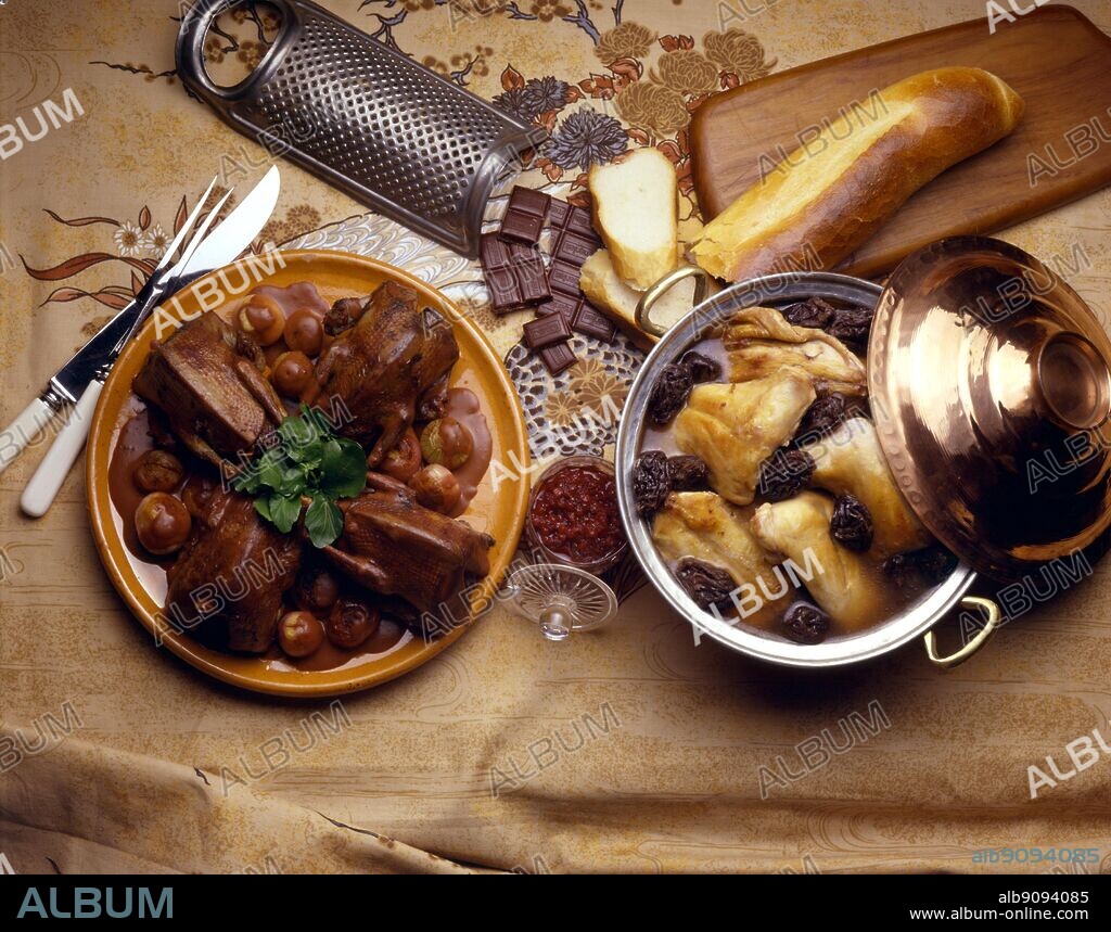 International Cooking. left, Pigeons In A Chololate Sauce. Pichones Estofados, Spain. Right Rabbit With Prunes, Flemish Style. Vlaams Konijn Met Pruimen, Belgium (Flanders).