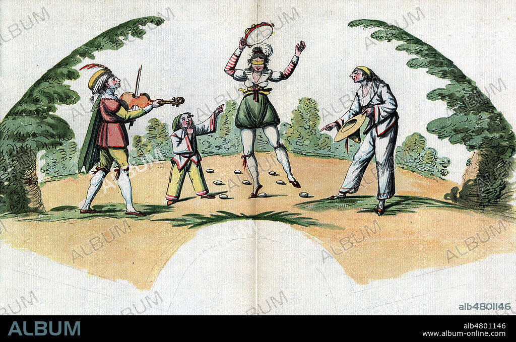Bateleurs de la Foire au 18eme siecle. Illustration de Etienne BERICOURT reprise dans Volange Comedien de la Foire 1756-1808 par Henri LAVEDAN (1859-1940) edite en 1933. Credit : Collection Jonas/Kharbine-Tapabor.