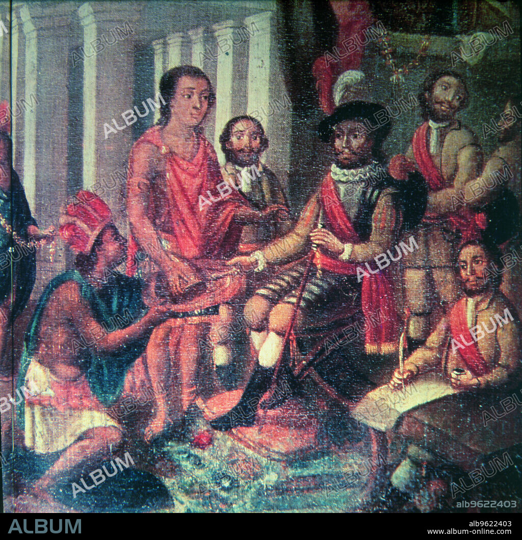 Hernán Cortés, Marques del Valle de Oaxaca representing Spain at the Indians in the conquest of America.