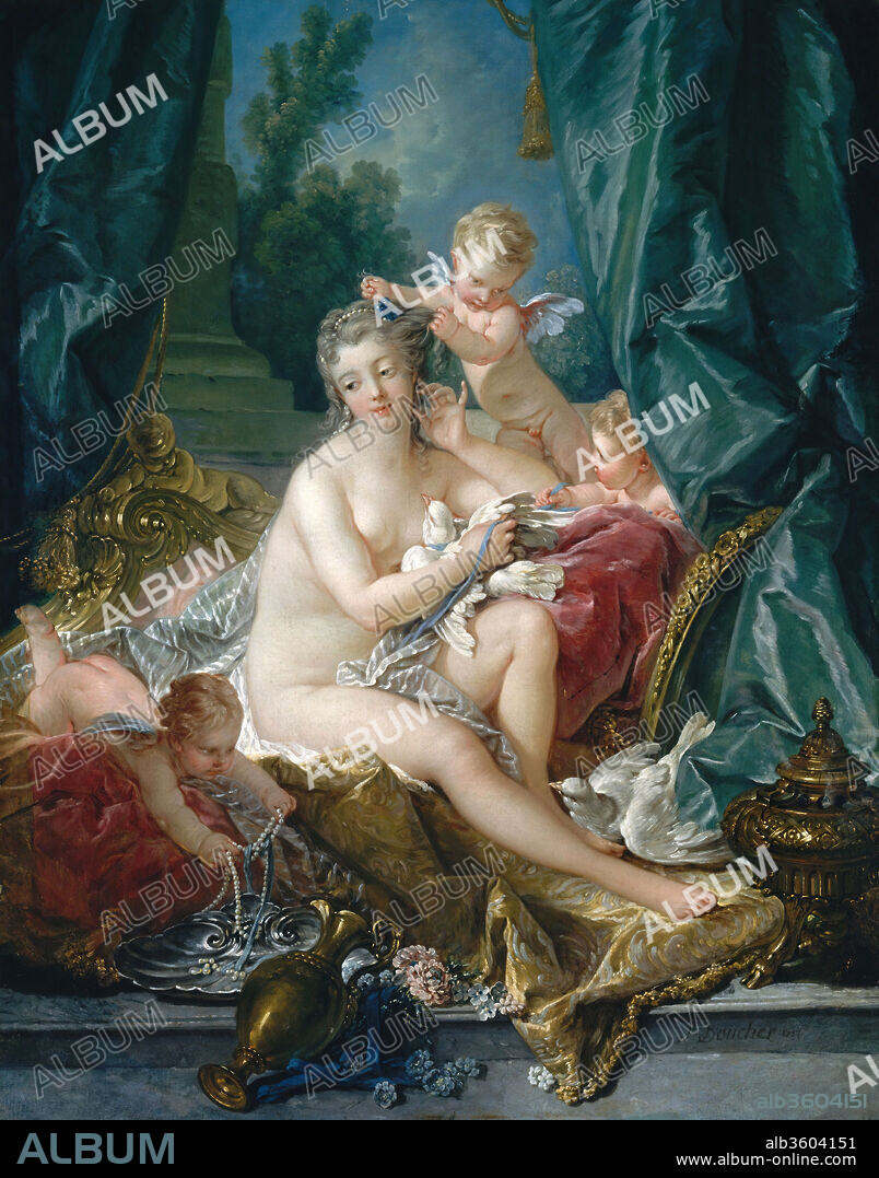 FRANCOIS BOUCHER. The Toilette of Venus. Artist: François Boucher (French, Paris 1703-1770 Paris). Dimensions: 42 5/8 x 33 1/2 in. (108.3 x 85.1 cm). Date: 1751.
Madame de Pompadour, mistress of Louis XV, admired Boucher and was his patroness from 1747 until her death in 1764. This famous work was commissioned for the dressing room at Bellevue, her château near Paris. The bodies of the goddess and her cupids are soft, supple, and blond. The carved and gilded rococo sofa, the silk, velvet, and gold damask drapery, are heavy and elaborate enough for the Victorian era.