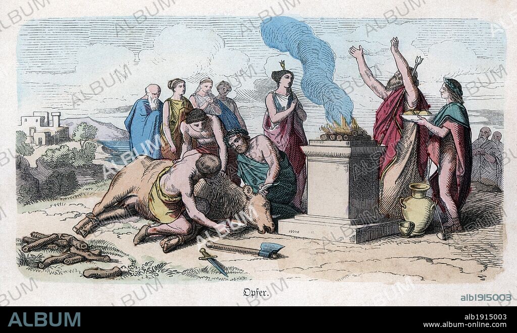 Historia Antigua. Grecia. Ara o altar de sacrificios. Grabado alemán de 1863.